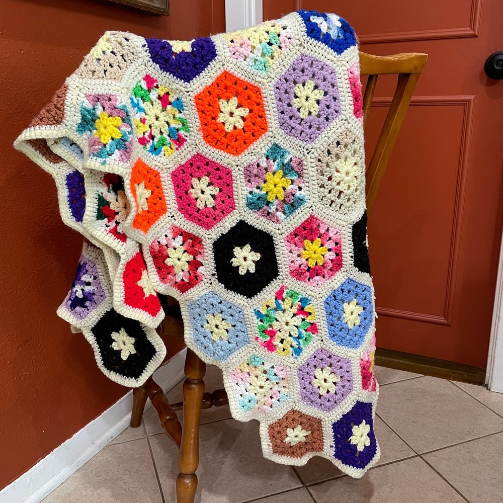 Boho Cottagecore Vintage Handmade Crochet Granny Square Blanket Hexagon 54x54